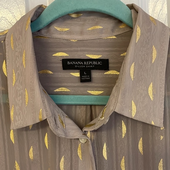 BANANA REPUBLIC Holiday top Taupe Gold w Ties Dillon shirt blouse , SZ L - Picture 8 of 8